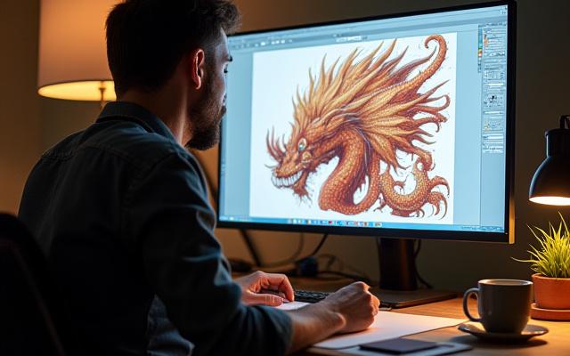 Isang propesyonal na illustrator na nagtatrabaho sa isang detalyadong digital illustration