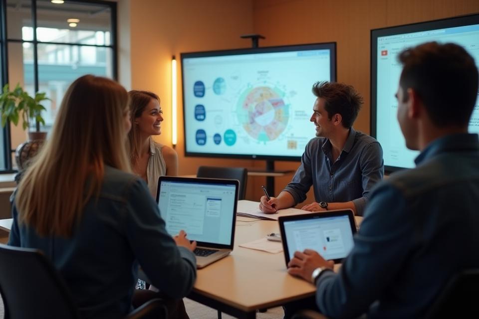 Group of people collaborating in a workshop setting, using digital tools