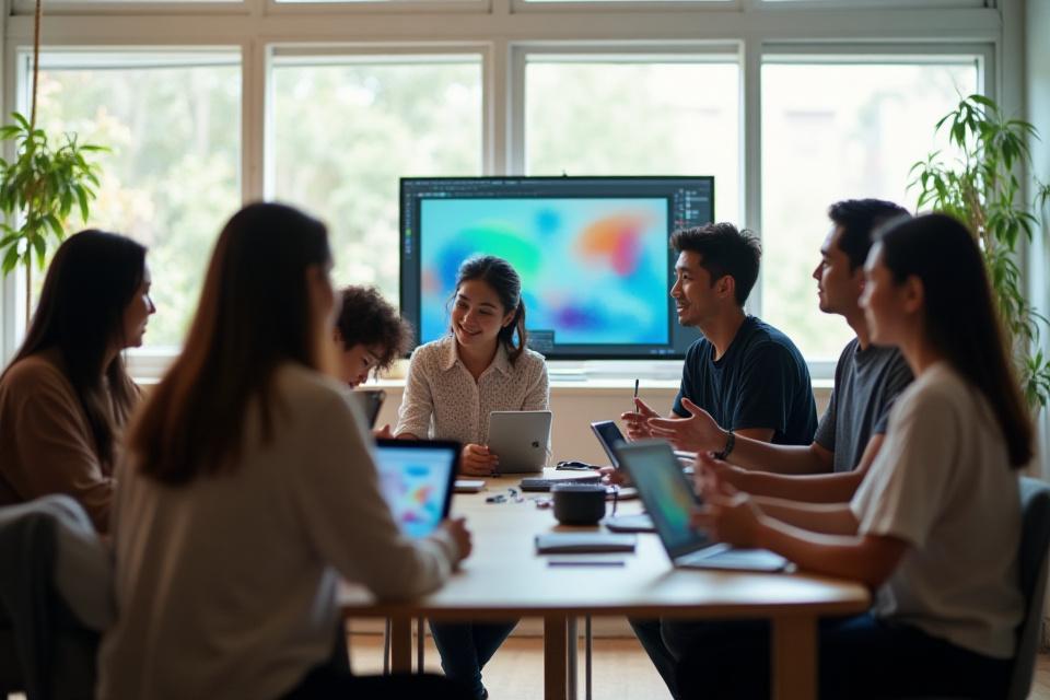 Mga taong nagtutulungan sa isang makabagong workspace, sumasalamin sa misyon ng Lasa Lore na fostering collaboration at creativity.